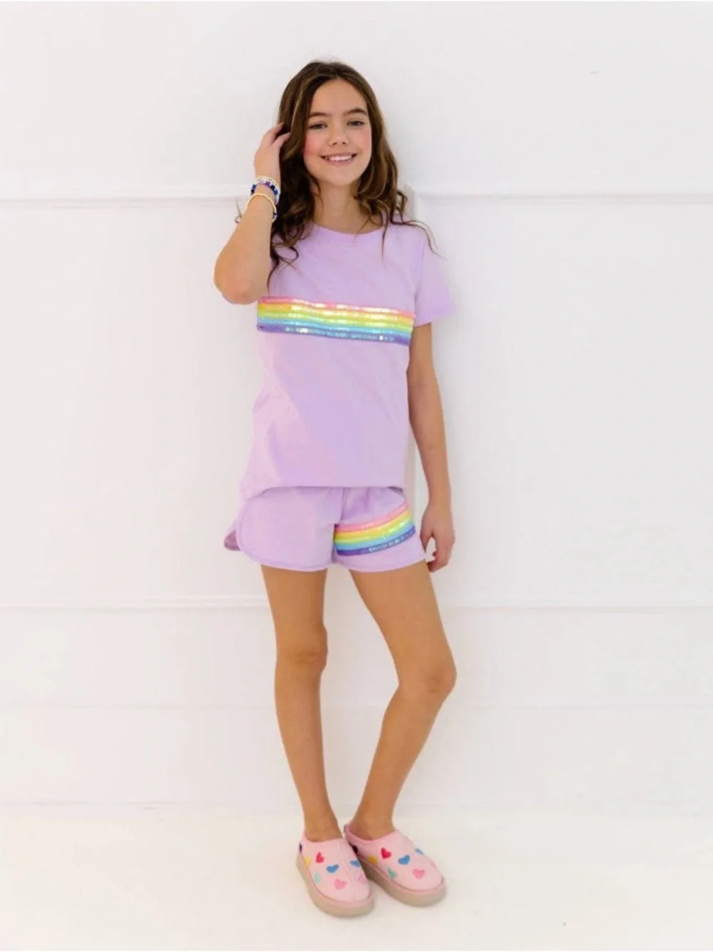 Lola + The Boys Lilac Rainbow Sequin Short Set